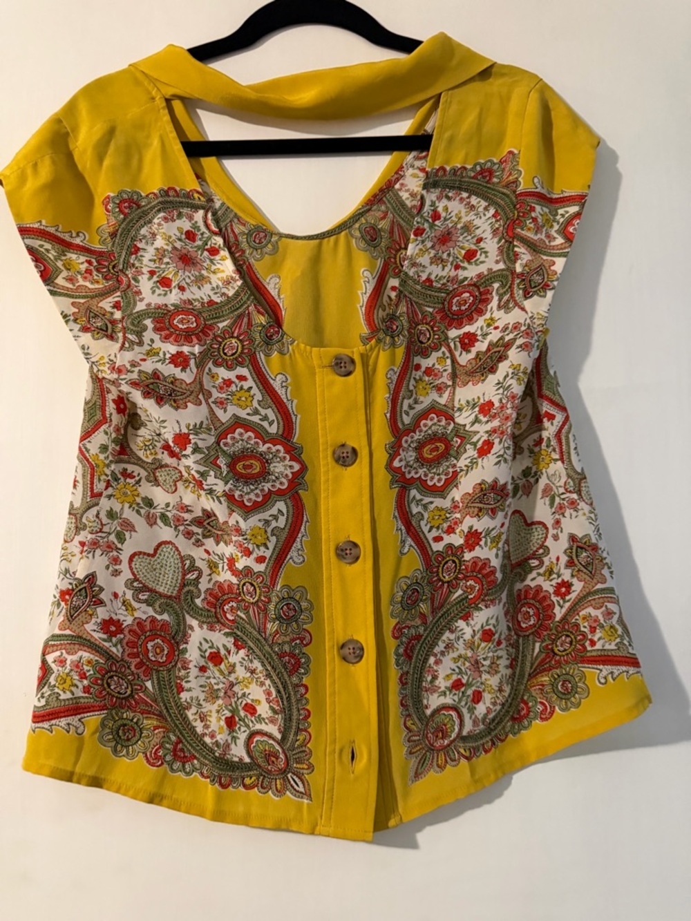 Yellow Paisley Tie-Neck Women's Top with Open Back - Picture 3 of 4